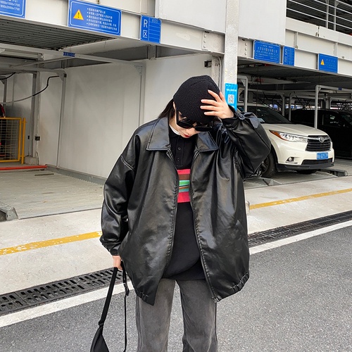 EMP X MARIE OVERSIZED JACKET Jaket Kulit Hitam Korea Wanita Musim Dingin Panjang Wanita Jaket Wanita