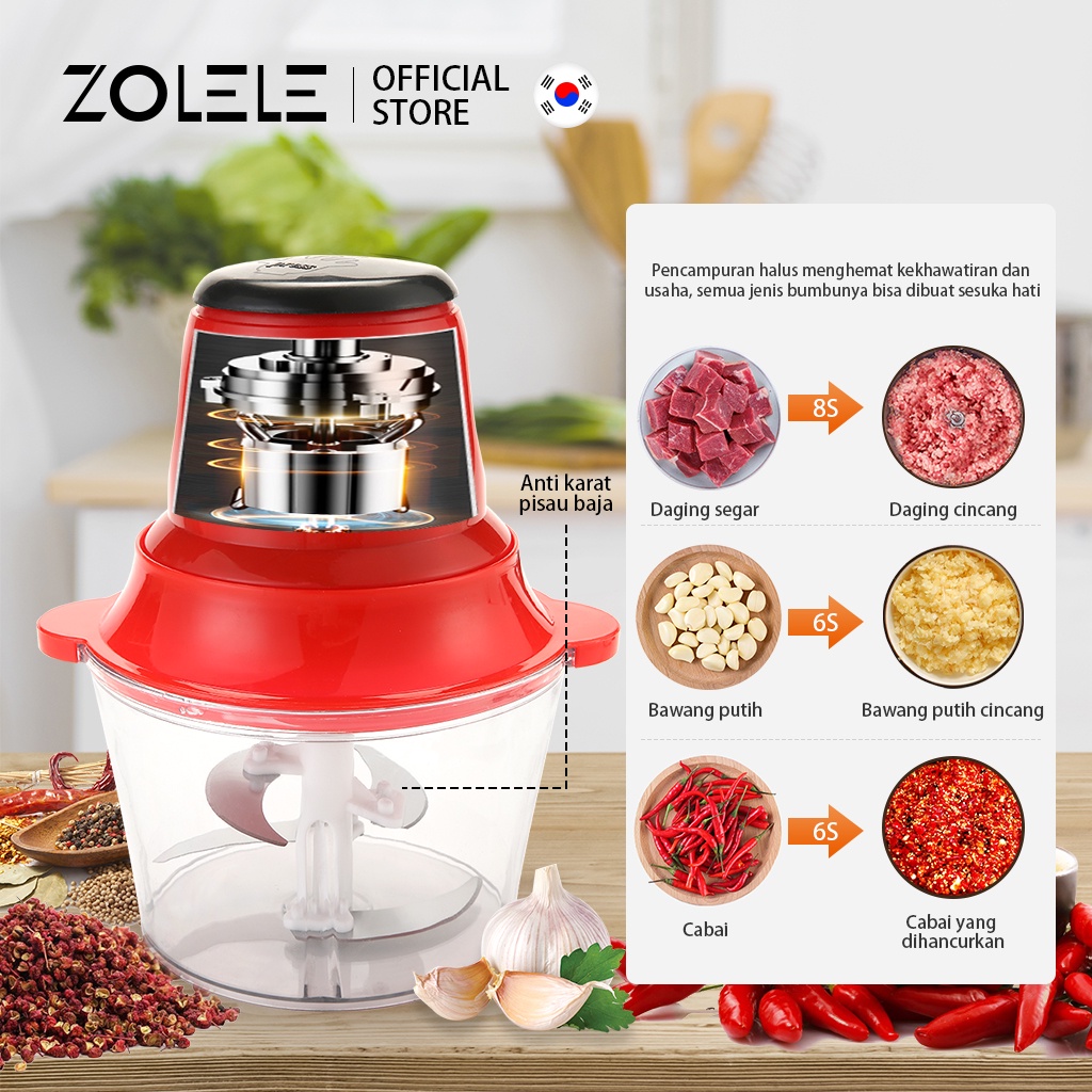 ZOLELE Electric Blender Chopper 2L Multifungsi Alat Pemotong Sayuran Daging 4 in1 Penggiling Listrik Kebisingan Rendah Pengaduk Food Vegetable Onion Slicer Penggiling Cabe Cutter Fruit Slicer Grater Processor ZD001