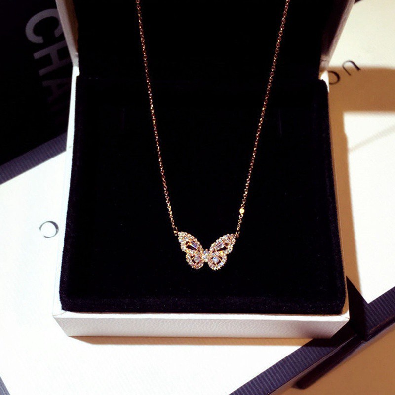 925 Sterling Silver Fashion Silver / Rose Gold Butterfly Female Pendant Necklace Shiny Crystal Wedding Ball Valentine Gift|Pendant Necklaces