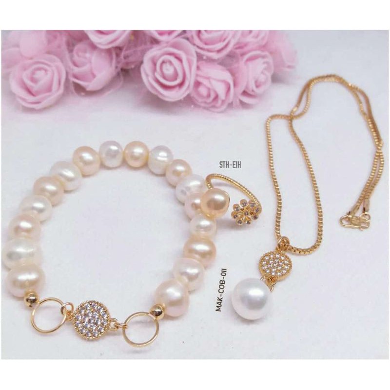 set perhiasan rhodium mutiara tawar asli Lombok