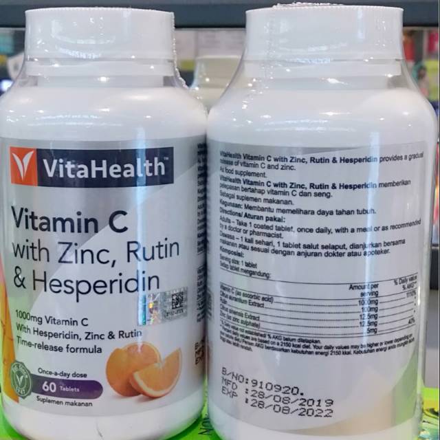 Vitamin C 1000mg With Zinc Rutin Hesperidin 60'Tablet Vitahealth Time Release Vitamin C 1000mg