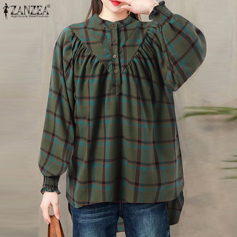 ZANZEA Plus Size Fashion Women Blouse Korean Style Plaid Loose Tunics Ladies Office Shirts