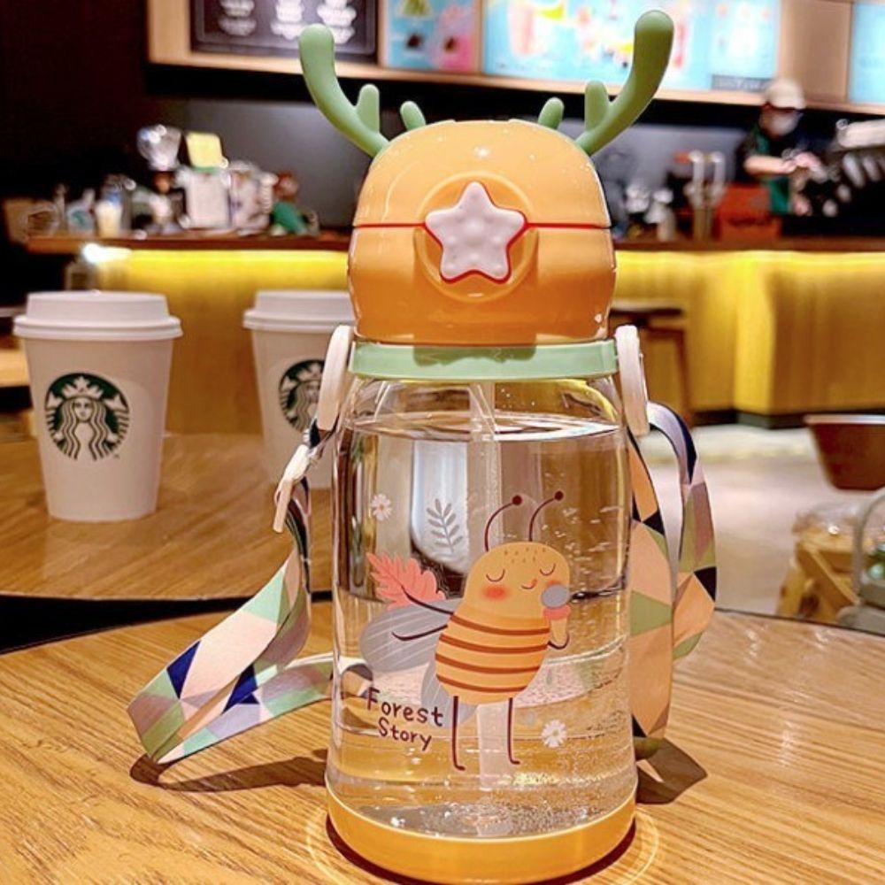 [Elegan] Antler Straw Mug Portable Lucu Ketel Plastik Musim Panas Luar Ruangan Kapasitas Besar Kebugaran Minum Tumbler