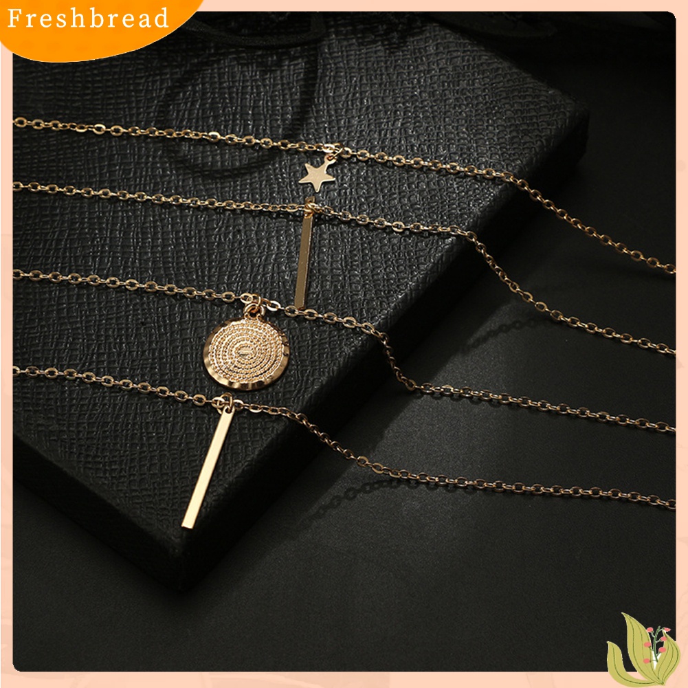 Terlaris Fashion Women Beach Jewelry Multi-layer Chain Star Bar Round Pendant Necklace