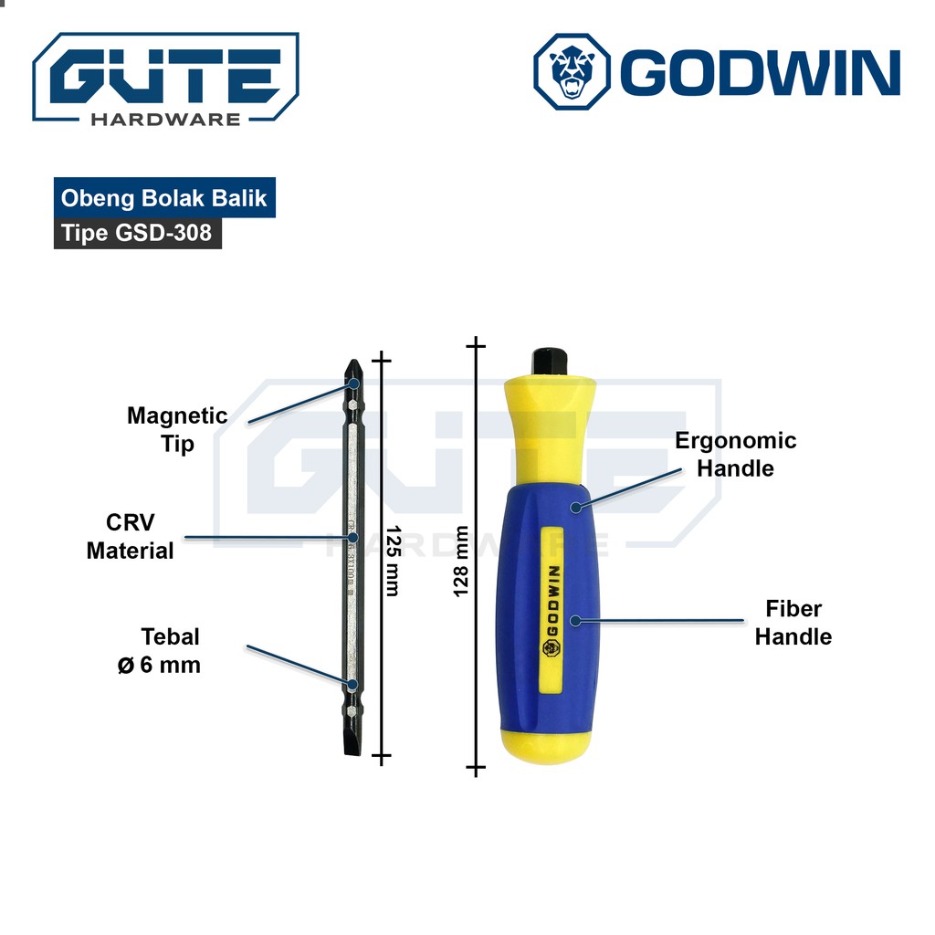 GUTE GODWIN Obeng Bolak Balik (+)(-) GG Karet / Adjustable Screwdriver