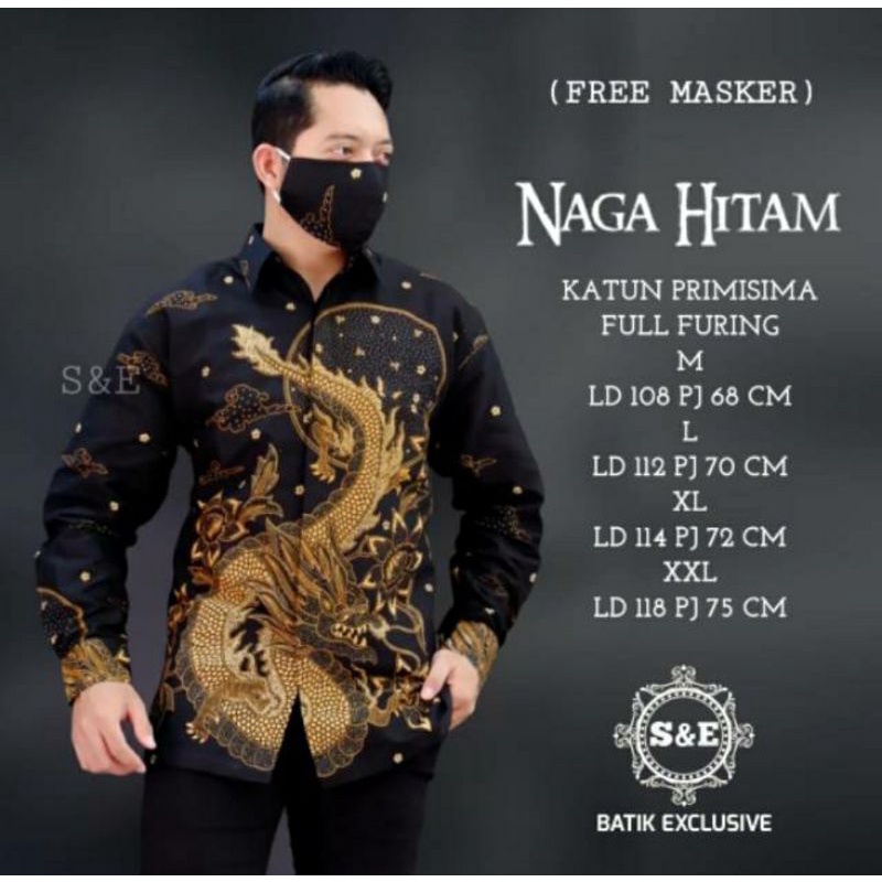 Kemeja Batik Pria Naga Hitam Bahan Katun Halus Sragenan Lapis Furing