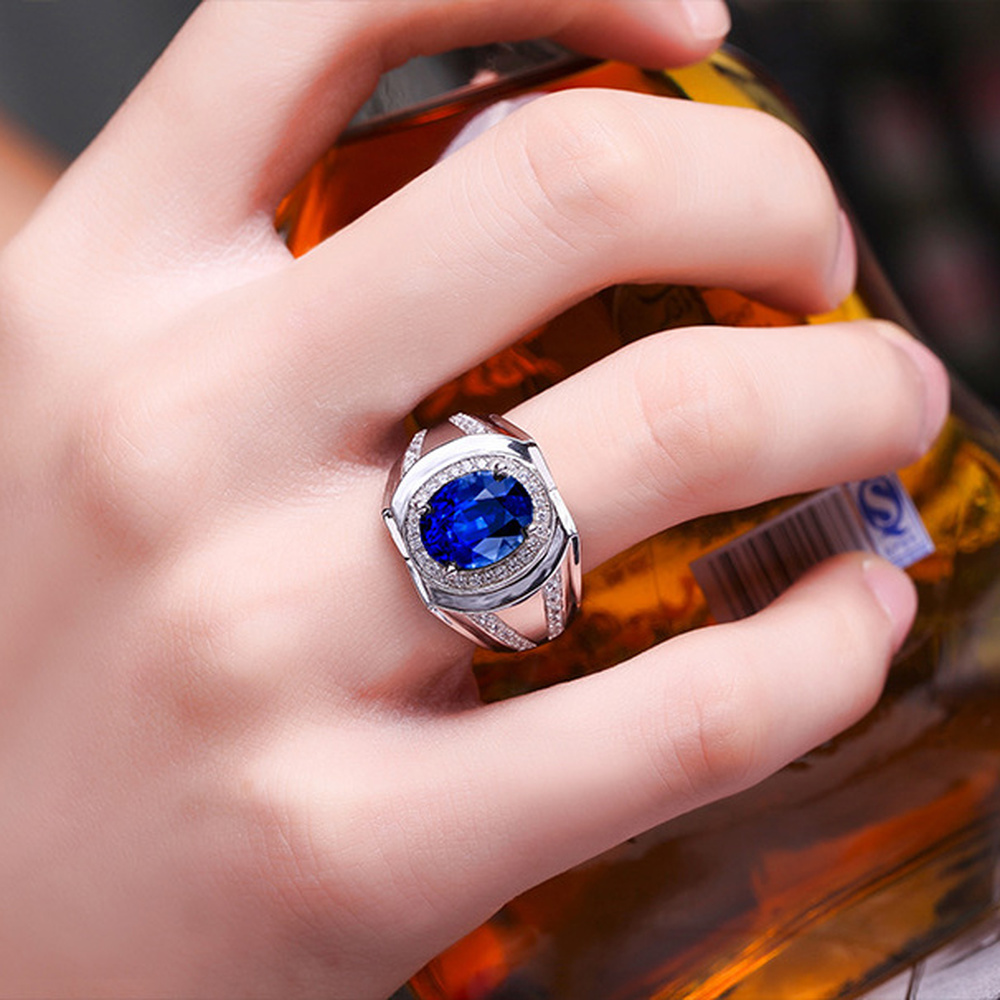 Cincin Berlian Safir Platinum Perak Zirkon Busana Emas Putih Kristal Biru Perhiasan Fashion Pria Rings