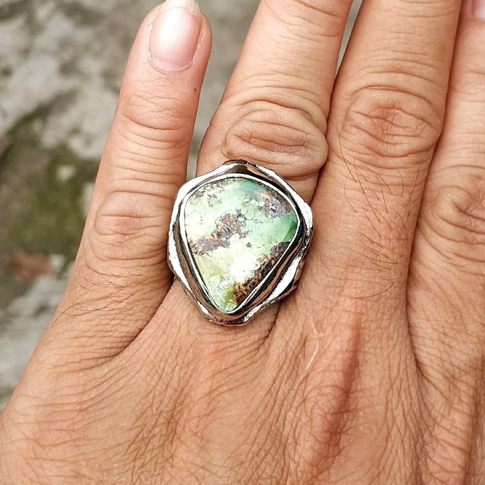 CINCIN BATU AKIK NATURAL PIRUS PERSIA HIJAU MOTIF TETESAN AIR TRIANGEL