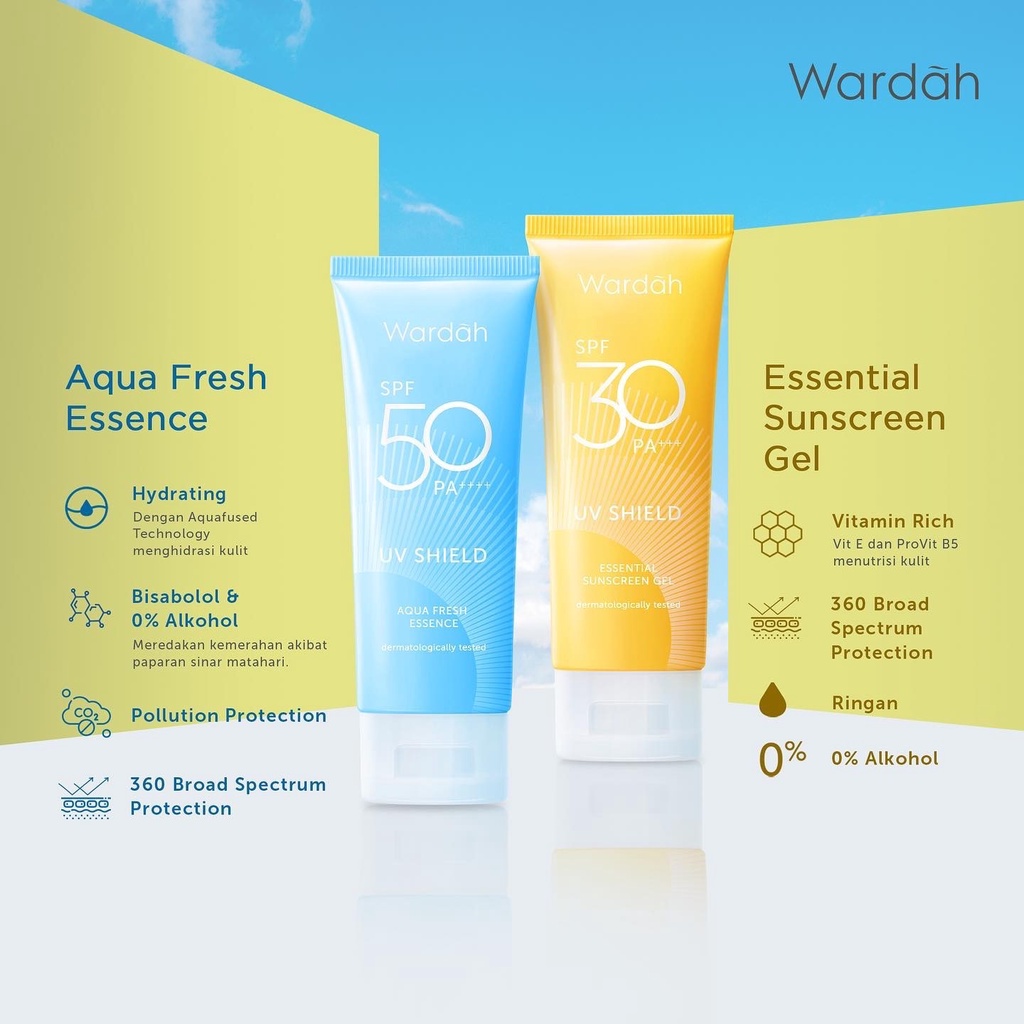 WARDAH UV Shield Aqua Fresh Essence SPF 50 PA++++ Indonesia / Sunblock Wajah 30ml / Hydrating Sun Care Sunscreen Tabir Surya UVA UVB Blue Light Protection Protector Protect Pelindung Sinar Matahari Kulit Tubuh / Gel Serum Stick Cream Lotion Skincare Face