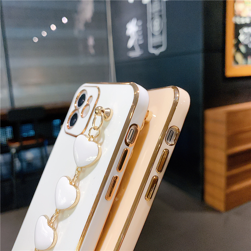 Soft Case Electroplating Motif Hati Dengan Tali Pergelangan Tangan Untuk Iphone 12pro Max 12 Mini 11pro Max Xs Max Xr 7 / 8 / Se 2020 7plus / 8plus