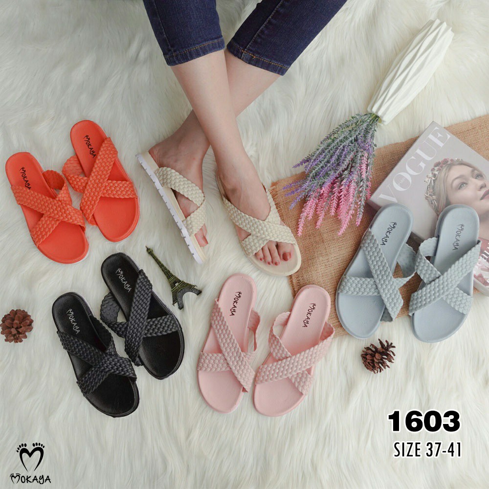 Sandal Slop Wanita Ban Silang Motif Kepangan Kecil Super Cantik Cute Import Mokaya /Size 37-41(1603)