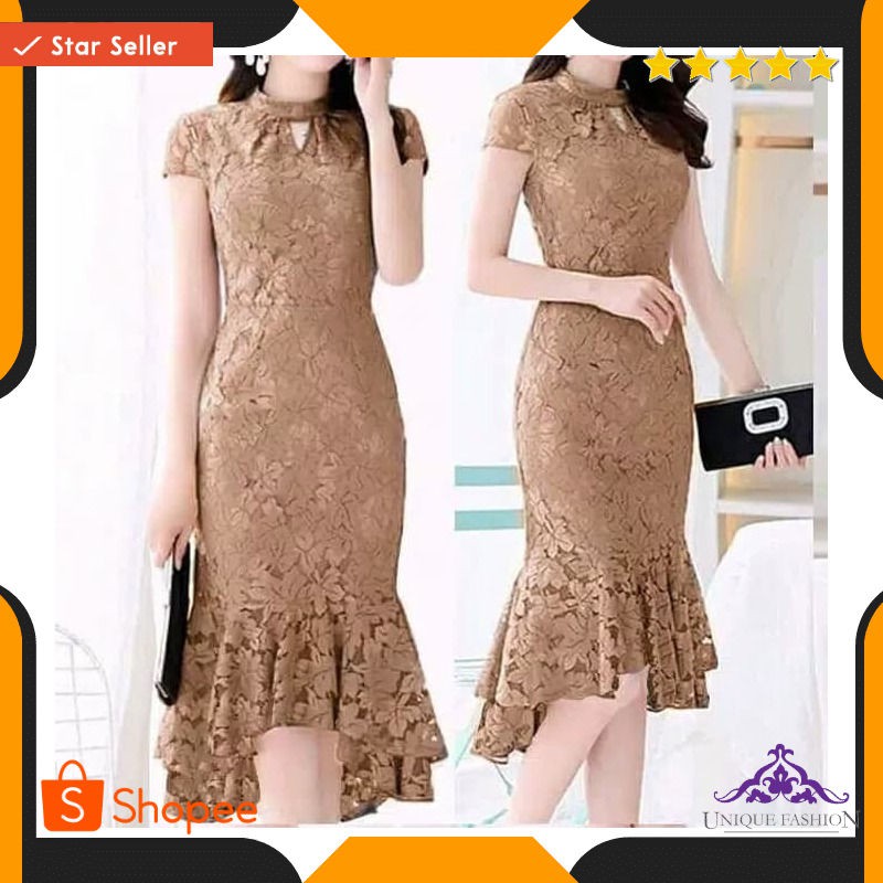 Dress Shopia Coksu Sldress Wanita Brukat Coklat Susu
