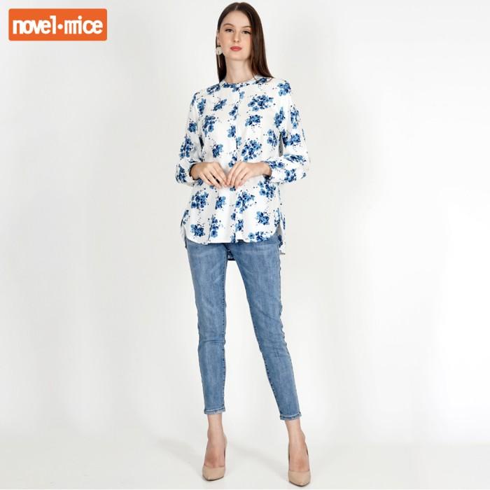 Super Sale Novel Mice - Kemeja Rayon Print Bunga Biru Termurah