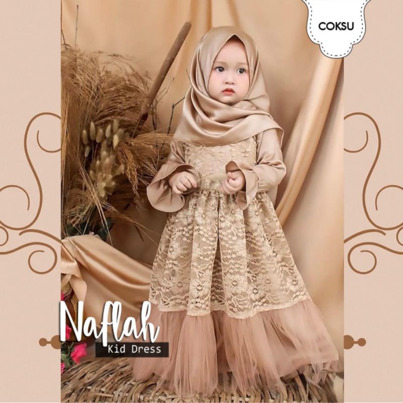 DRESS NAFLAH KID ANAK, SATIN, BRUKAT TILE, GAMIS HIJAB MUSLIM, DRESS MAXY