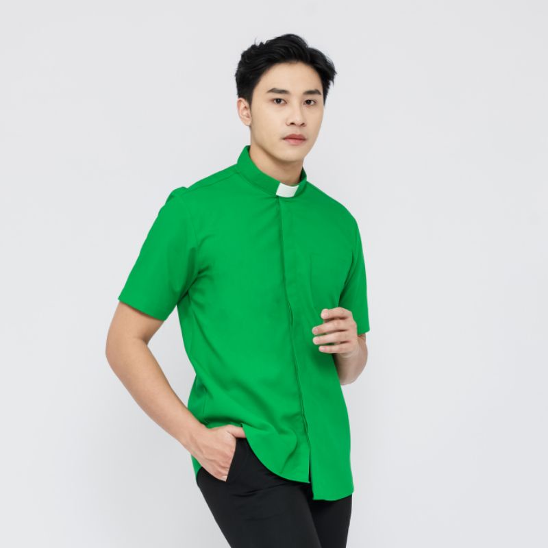 Pendeta - Kemeja Collar Hijau Fuji Polos - Cotton Tropical - Jos Miracle Bandung - Miracle - JMB