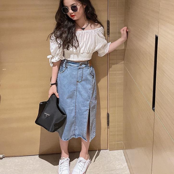 Koleksi Terbaru.. SSP5-Setelan Set Anak ABG Perempuan Crop Top + Rok Jeans SABRINA