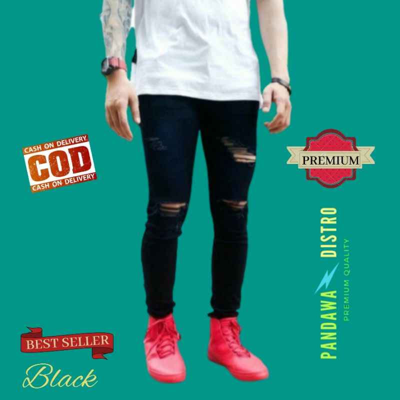 CELANA SOBEK PRIA RIPPED JEANS ROBEK SLIMFIT PENSIL SKINNY STRETCH DENIM HITAM PREMIUM 27-38