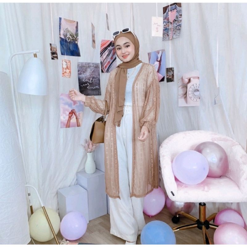 PROMO Long Outer Panjang Kardygan Lace Brukat Lengan Balon | Cardigan Baju Wanita Muslimah | Busana Pantai-8