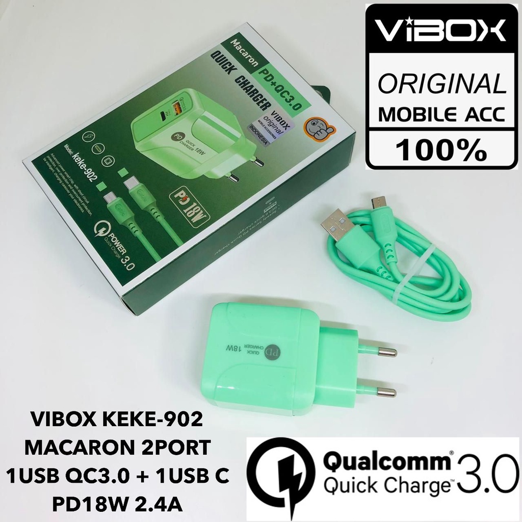 PROMO Charger 3.1A Cable USB Micro USB dan Type-C Fast Charging VIBOX KEKE-902  MACARON 2PORT 1USB QC3.0 + 1USB C  PD18W 2.4A