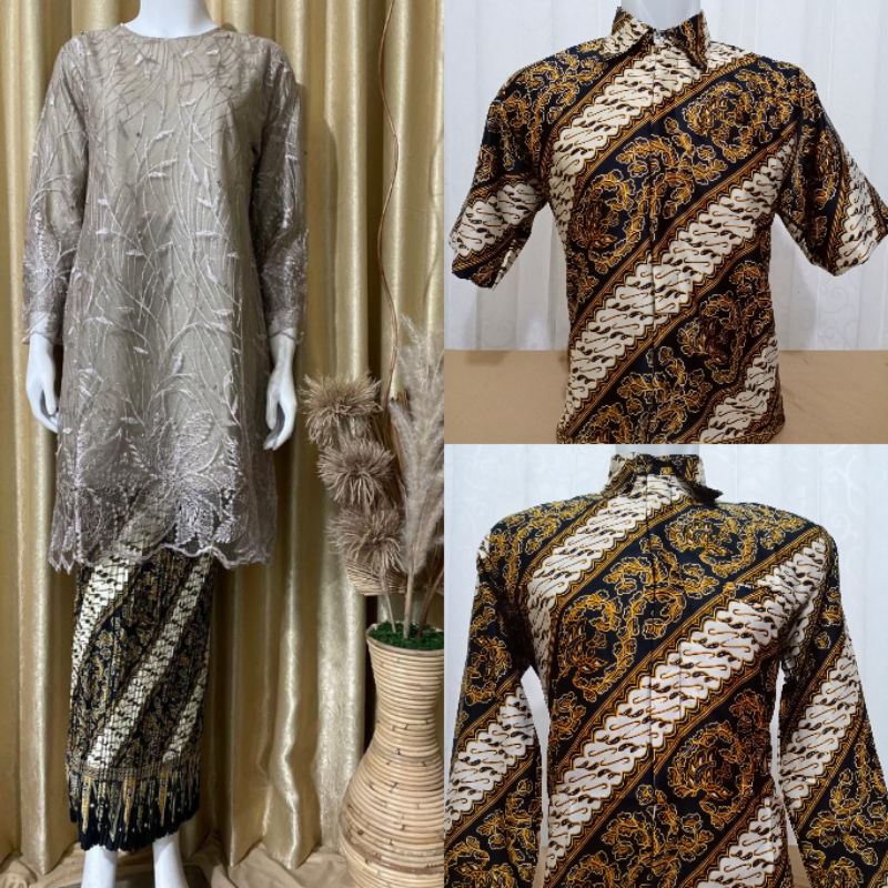 SET TUNIK TILLE MUTIARA &amp; KEMEJA BATIK COUPLE/KEBAYA COUPLE BAPAK IBU DAN ANAK/KEBAYA COUPLE SERAGAMAN PESTA