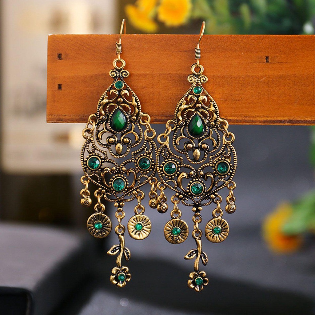 R-flower Earrings 2021hiasan India Berlian Imitasi Anting Menjuntai Panjang Vintage Alloy