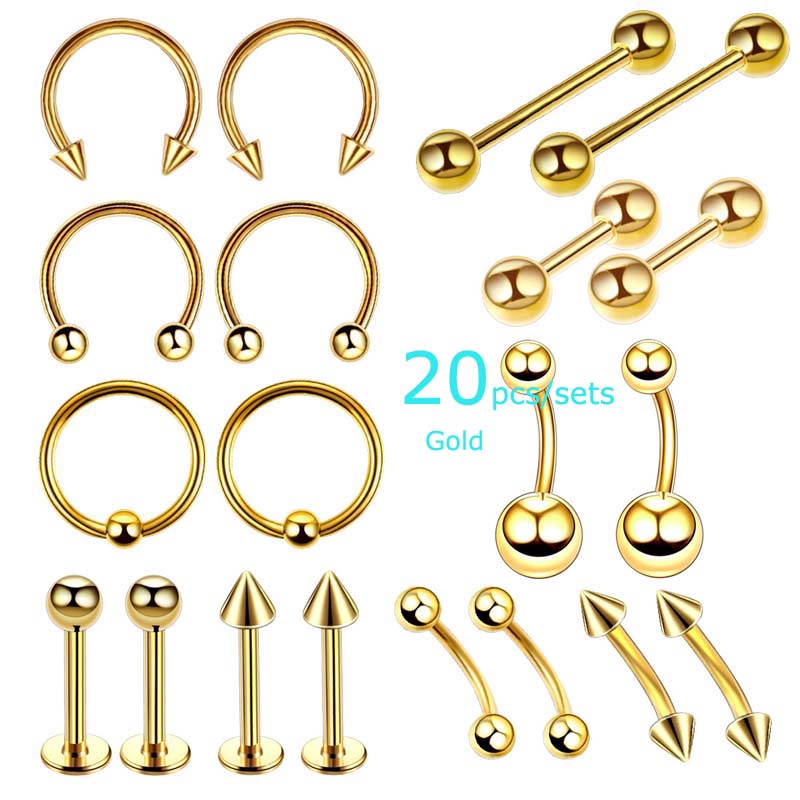 20Pcs / Set Cincin Tindik Tubuh / Lidah / Alis Bahan Stainless Steel 16G