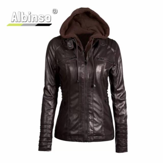 Jaket kulit sintetis hoodie wanita / jaket semi kulit sintetis  / fashion wanita /pakaian wanita