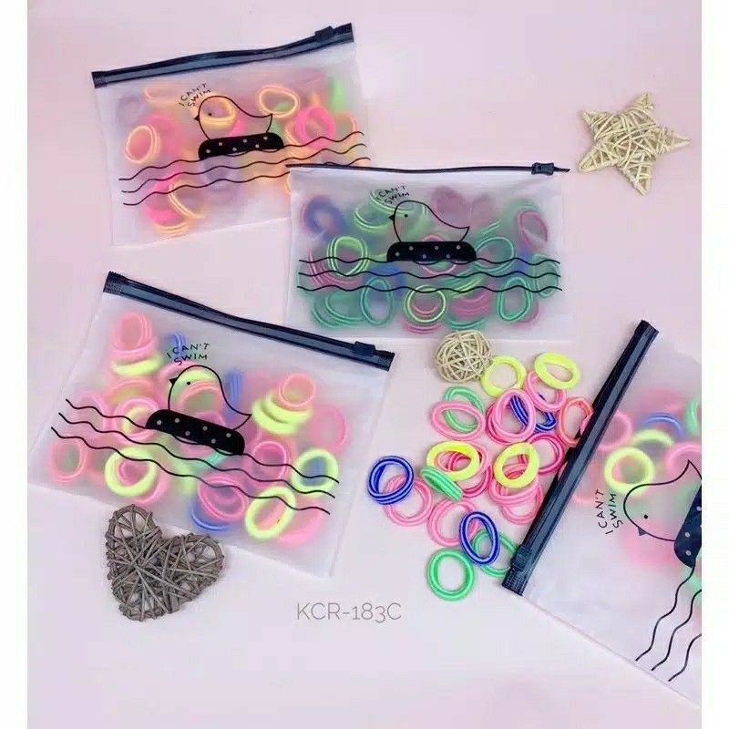 [ COD ] 100Pcs dan 50pcs Ikat Rambut + POUCH Lucu / Ikat Karet Donat Polos Warna Warni-1