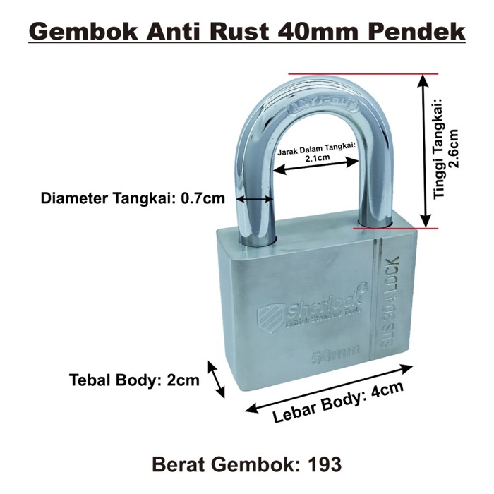 Gembok ANTI RUST 40 mm Pendek Sherlock Stainless Steel 304 anti karat