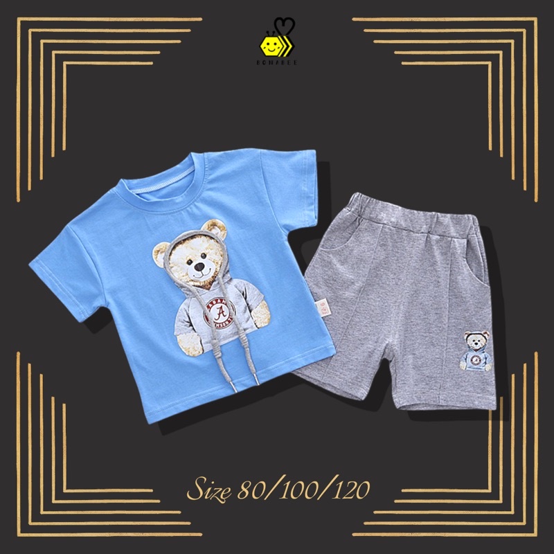 《Blue Hoodie Bear Set》setelan anak Import baju biru anak laki laki bayi lucu kualitas premium