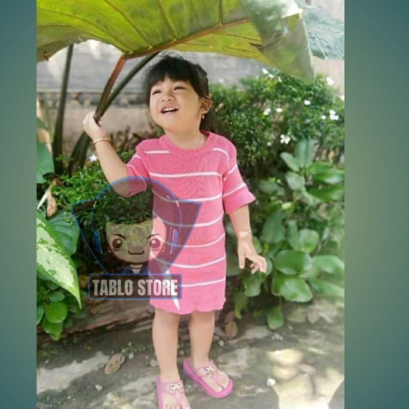 Dress Salur Kecil Lengan Pendek 1-3 Tahun  Rajut Anak Perempuan Kalila Stripe