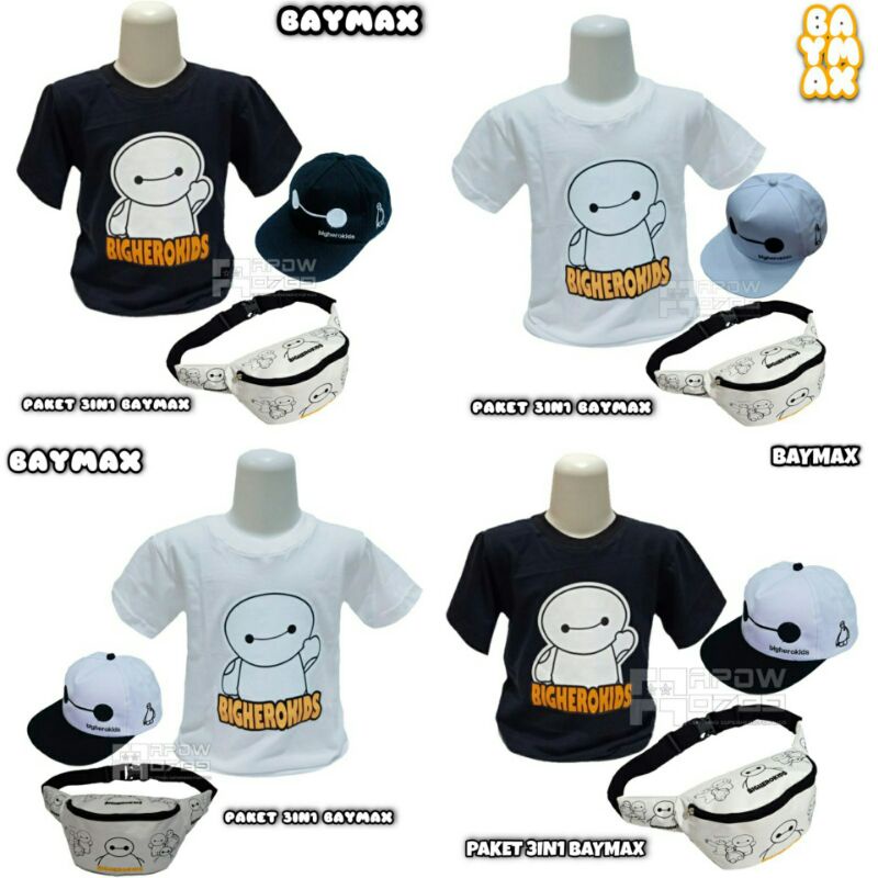 paket 3IN1 baju kaos anak topi anak  tas selempang anak baymax baju kaos anak laki laki waist bag anak