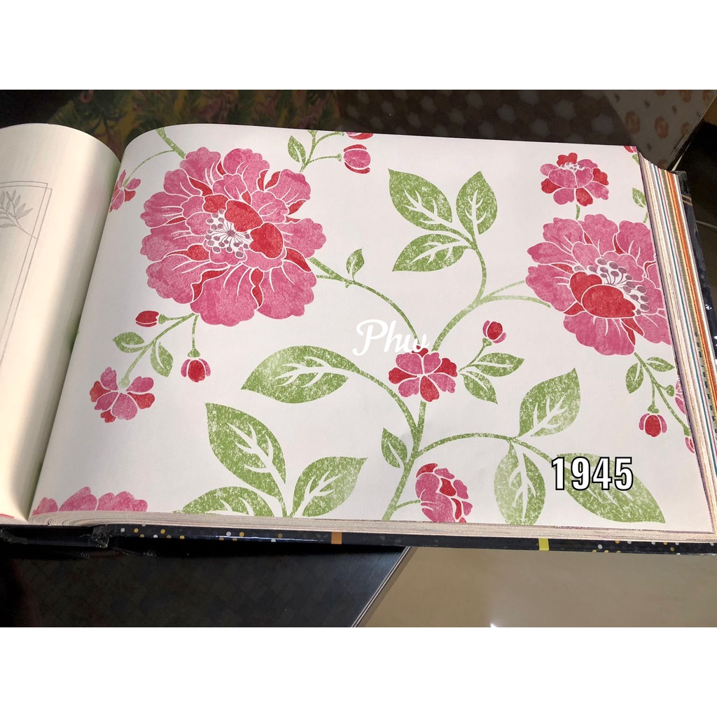 WALLPAPER DINDING MOTIF BUNGA PINK BIRU DAUN SALUR KOMBINASI LUX