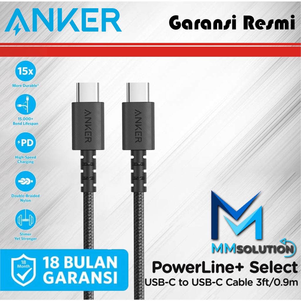 Kabel Charger Anker Powerline Select+ C to C 2.0 3ft - A8032 - Hitam