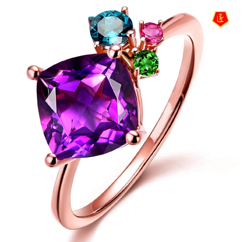 [Ready Stock]Elegant Personality Rose Gold Color Gemstone Amethyst Ring