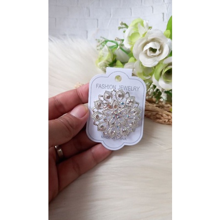 Bros bunga permata diamond swaroski /fashion muslim/bros kebaya/bros kutubaru-Bunga 6 silver