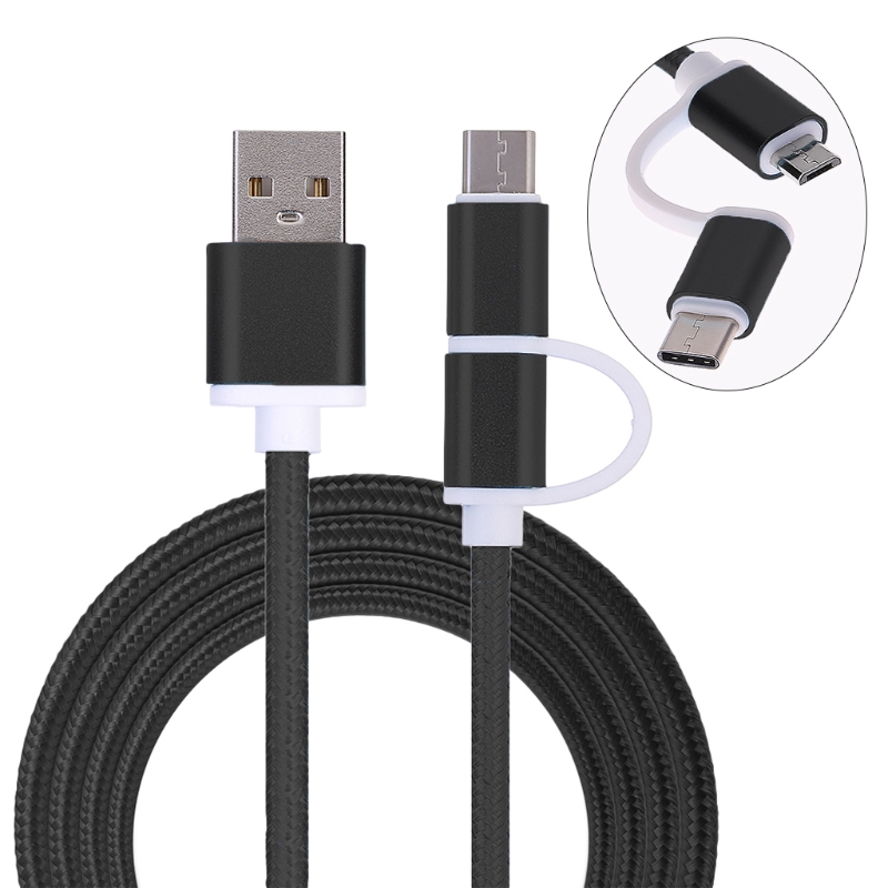 2 in 1 USB 2.0 Male To USB 3.1 Type C &amp; Micro USB Weave Data Charging Cable Fast