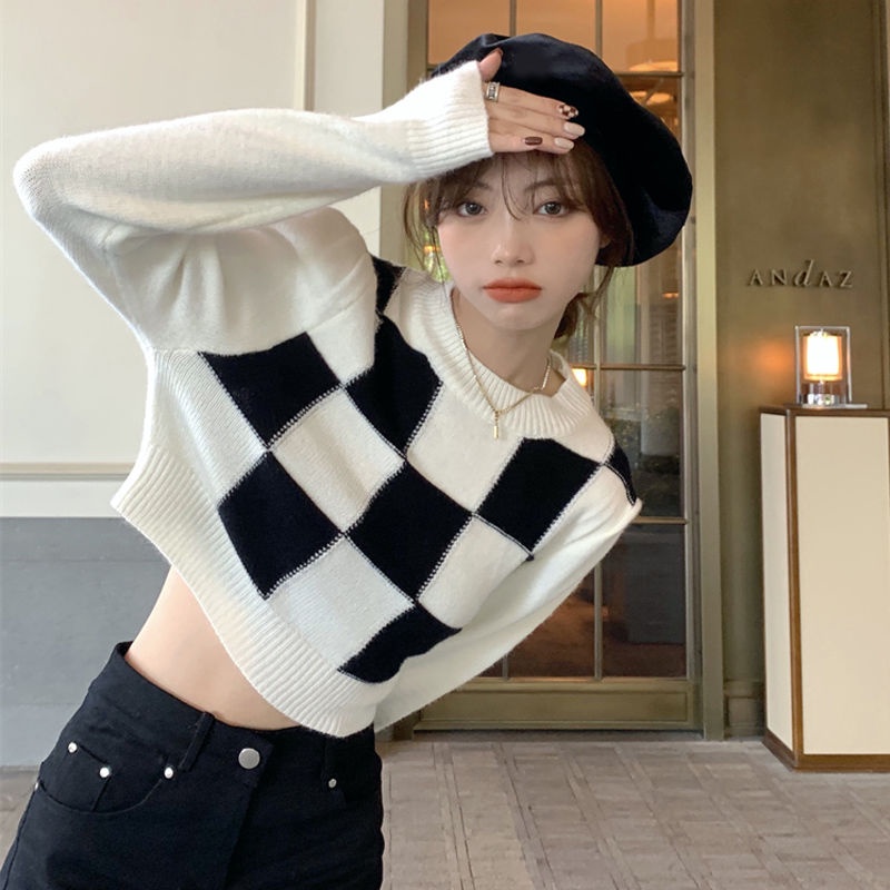 Knit Top Kotak Kotak Sweater Rajut Crop Top Lengan Panjang Wanita