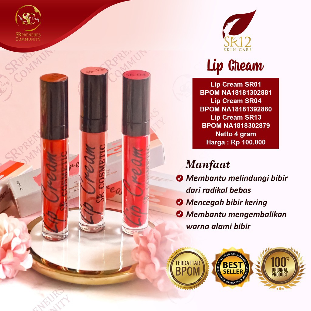 LIP CREAM BEBAS PARABEN SR12..!! LIPCREAM MOIST LEMBUT &amp; NYAMAN DI BIBIR BERSTANDAR BPOM