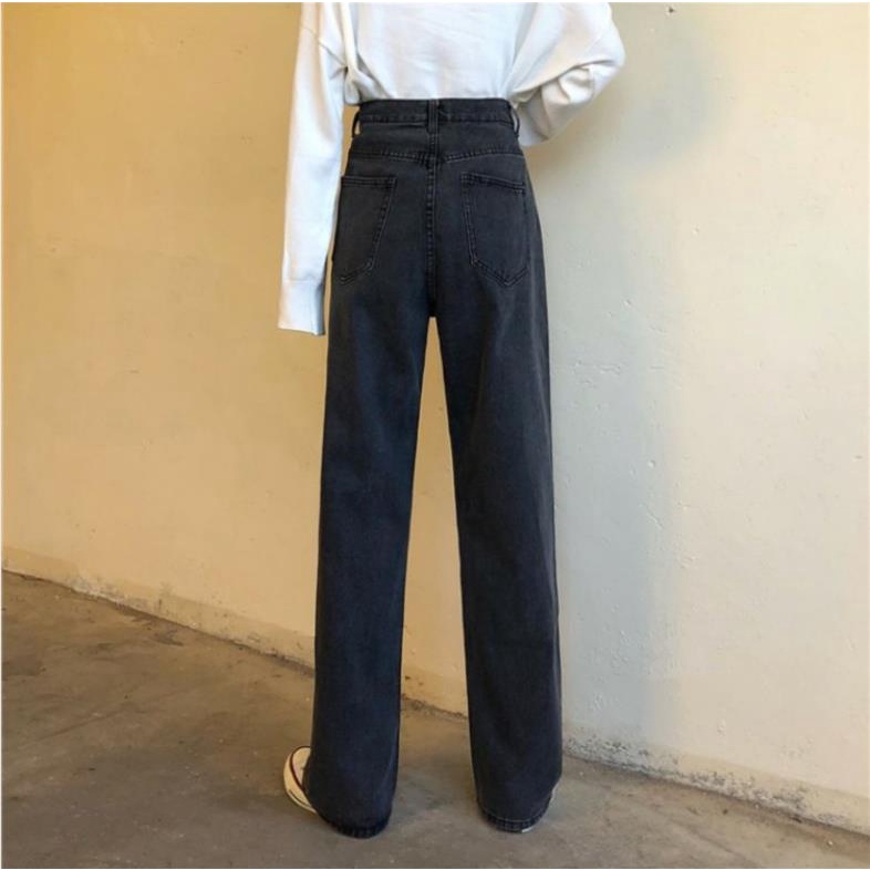 wide-leg jeans untuk wanita high-waist longgar lurus-kaki celana panjang