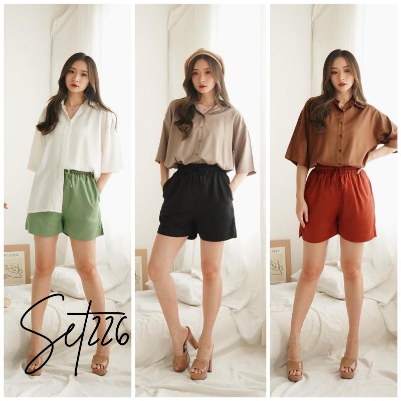 SET226 [VANGIE] - SETELAN CELANA PENDEK DAN KEMEJA POLOS WANITA SHORTPANTS CELANAPENDEK CELANAWANITA