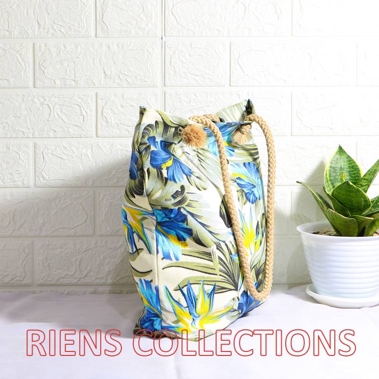 RIENS COLLECTIONS. TOTEBAG KANVAS TALI SUMBU MOTIF BUNGA SEPATU BIRU. TAS KANVAS. SOUVENIR JOGJA. OLEH OLEH JOGJA