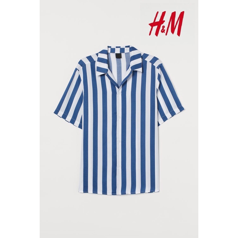 H&amp;M Kemeja Pria Lyocell Formal Kasual Garis Biru Striped Shirt Original