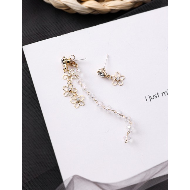 LRC Anting Tusuk Fashion Gold Silver Alloy Openwork Flower Crystal Beaded Asymmetric Tassel Earring