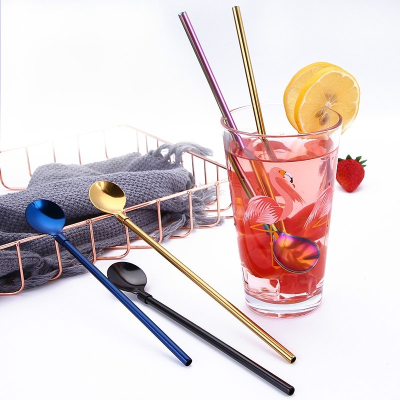 1pc Creative Multifunctional 2 in 1 Stainless Steel Straw Stirring Spoon Tableware