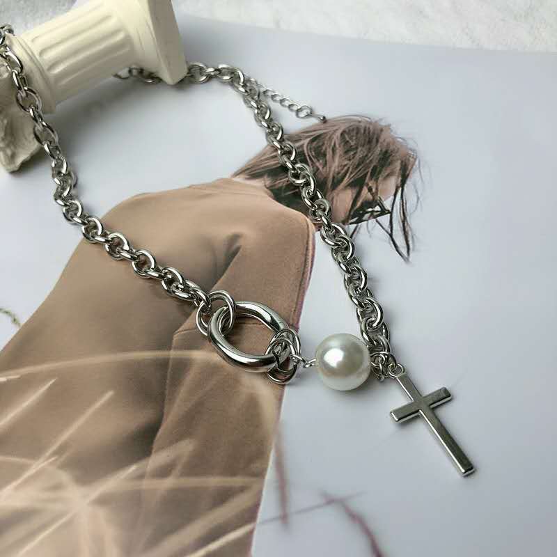 Vintage Pearl Lock Chains Necklace Geometric Cross Pendant Necklaces for Women Punk Jewelry