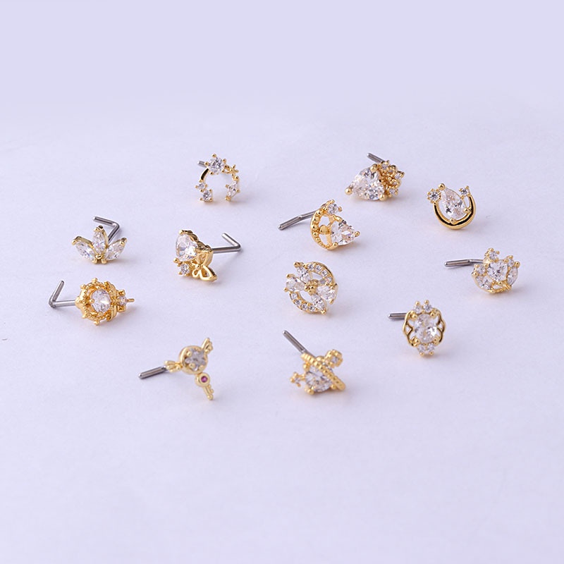 1pc Anting Tindik Hidung Bentuk L Desain Hatimahkotaplanet Bahan Stainless Steel Hias Zircon 20Gauge