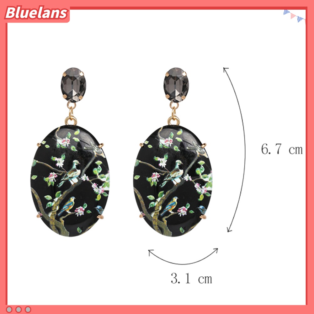 Anting Juntai Bentuk Oval Motif Bunga Dan Burung Bahan Resin Gaya Vintage Untuk Wanita