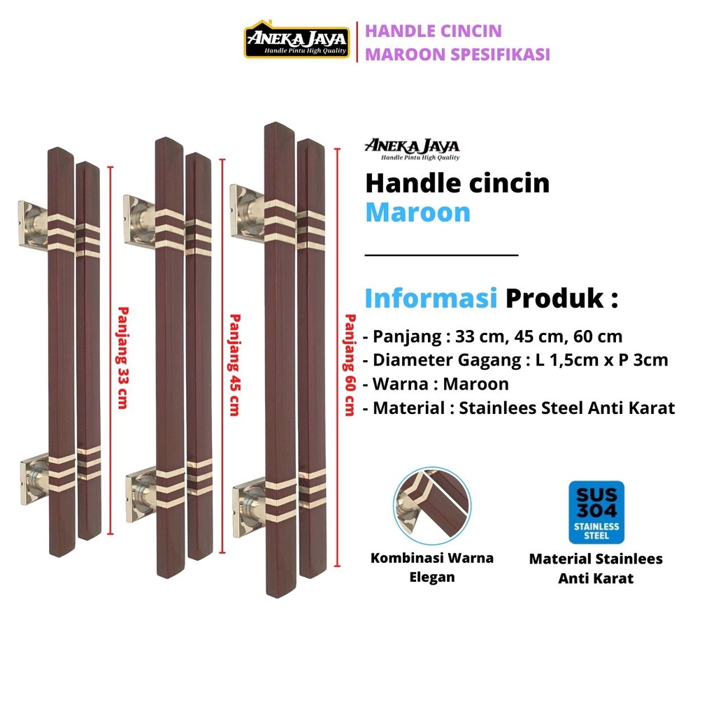 Handle Gagang Pintu Rumah Stainlees Panjang 33 cm 45 60 Tarikan Pegangan Warna Coklat Natural Hitam Putih