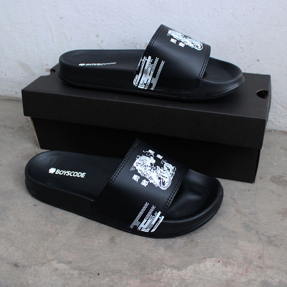 Sandal Slip On Pria Distro Terbaru Boyscode Dragon Sea Naga Laut Hitam Putih / Sandal Slop Pria / Sandal Slide Pria